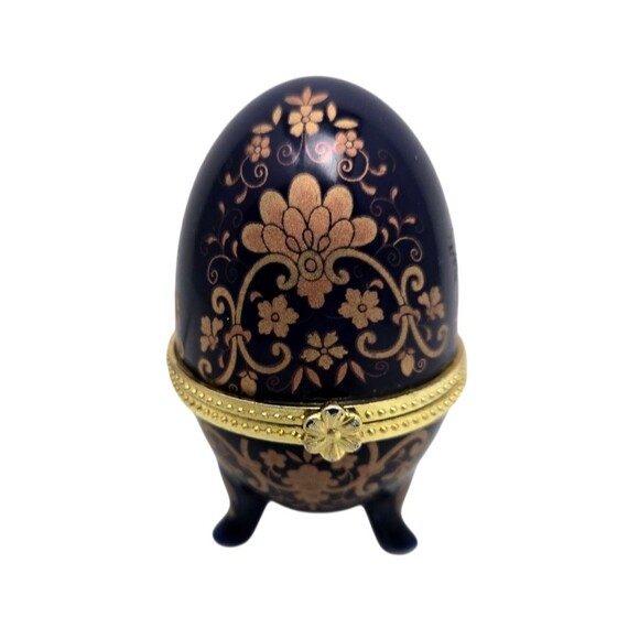 Cobalt Blue Egg Trinket Box Footed Porcelain Hinged Lid Floral Design Vintage 3" - Picture 1 of 15